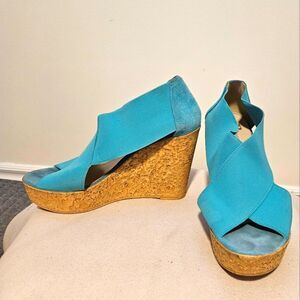 Blue wedges heels pump womens size 10 elastic straps comfortable made in Italy